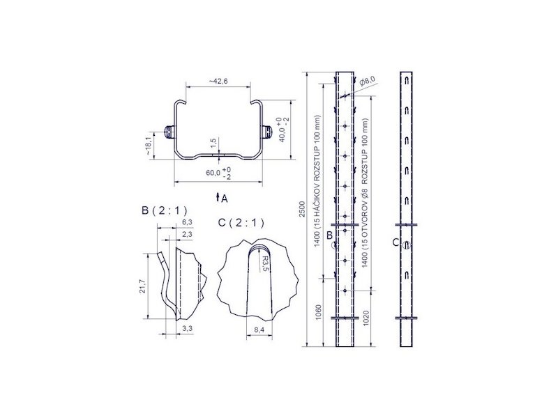 DUNAJ sloupek vinohradnický řadový 60x40x1,50x2500 mm / standardní háček - Image 2